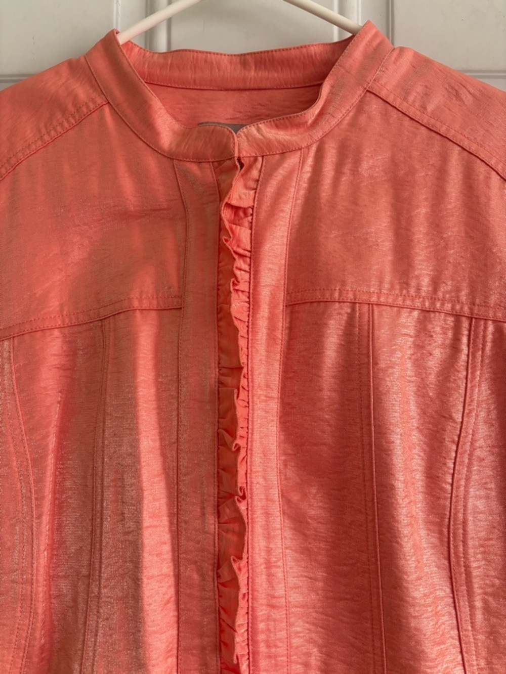 ❤️2/$15 or 3/$2Chico’s Coral Pink Ruffled Front Jacket, Size 3/Women’s XL - Picture 5 of 11